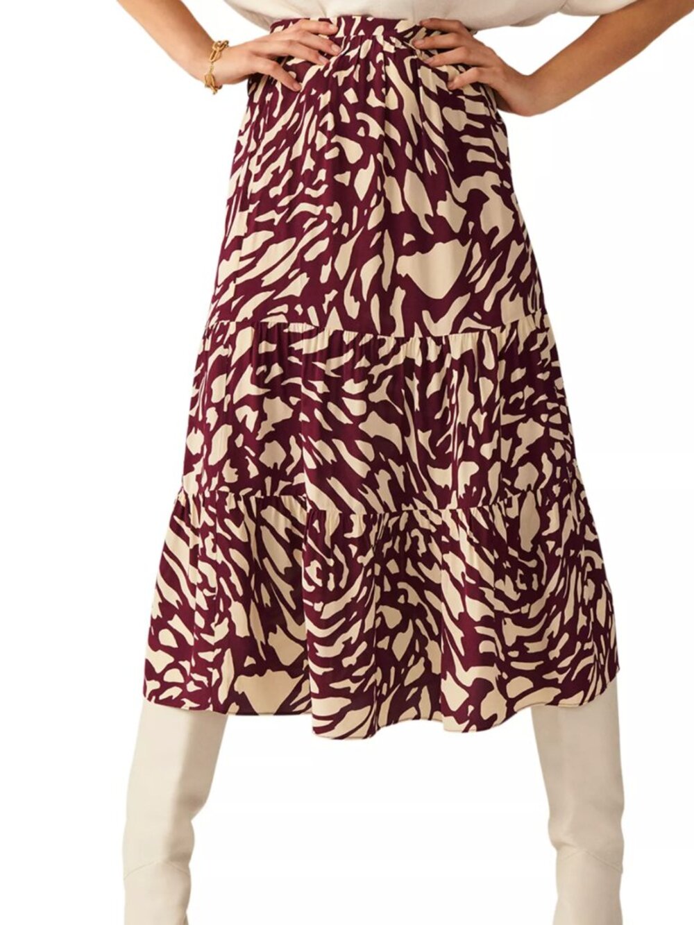ba&sh Gianna Abstract Zebra Print Midi Skirt - Bordeaux Red - Size 3 / US Large - Picture 3 of 6